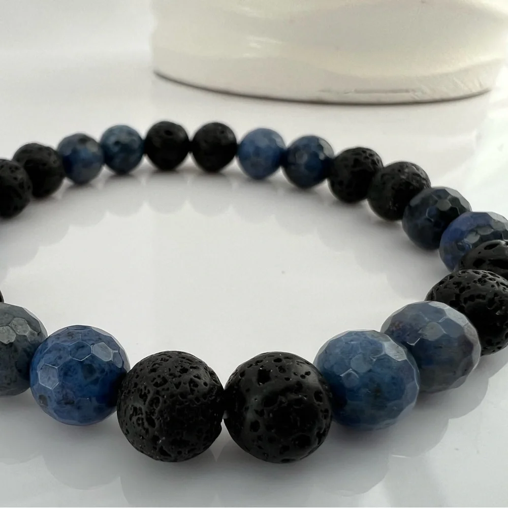 BLUE Dumortierite Quartz and Lava Stone Stretch Beaded Bracelet - Picture 5 of 14